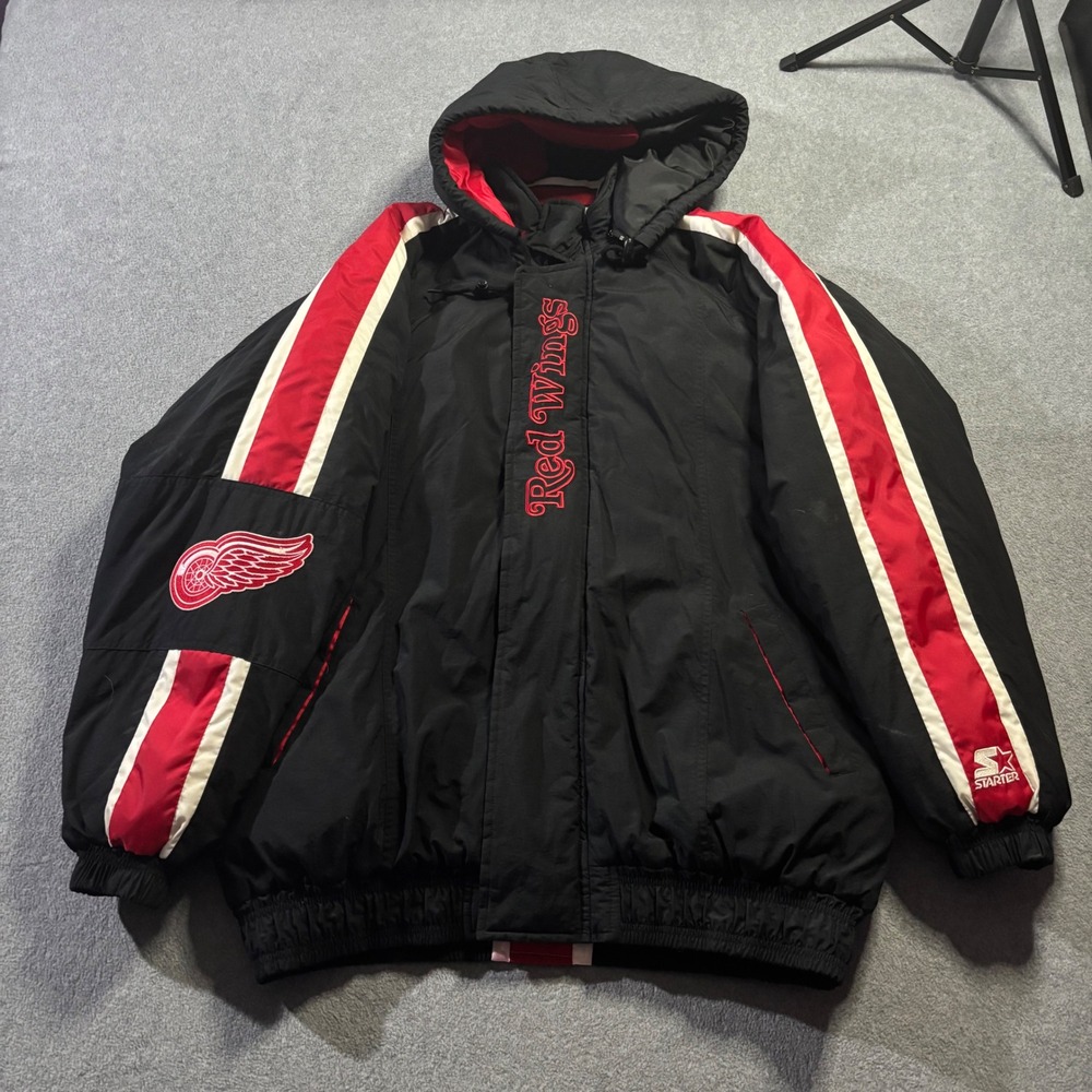 Starter Detroit Red Wings Puffer Jacket Mens XL Black Vintage NHL Hockey Parka